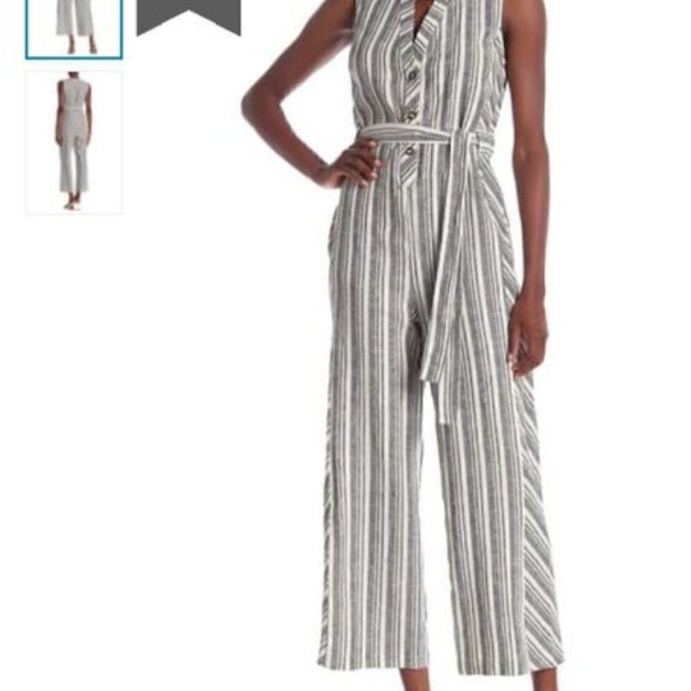 NWT Gray White Striped Linen Blend Jumpsuit Pants